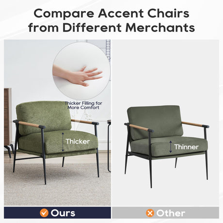 Accent Chair Mid Century Modern Armchair for Living Room,Bedroom,Office,Lounge Comfy Chenille Upholstered Soft Removable Washable Cushions and Pillows,Metal Wood-Grain Armrest Legs,Green Comfort Stretch