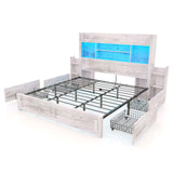 LUXOAK Distressed White King Bed Frame with Bookcase Headboard, RGB LED & Charging Station LUXOAK