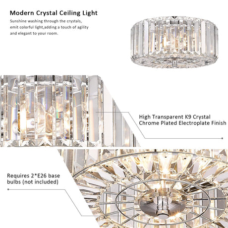pasentel Farmhouse Crystal Round Flush Mount Modern Close to Ceiling Light Fixture, Drum Shade Ceiling Lights 2-Light Ceiling Lamp for Kitchen Island Dinning Room Bedroom Hallway, XDD007-2-CH pasentel