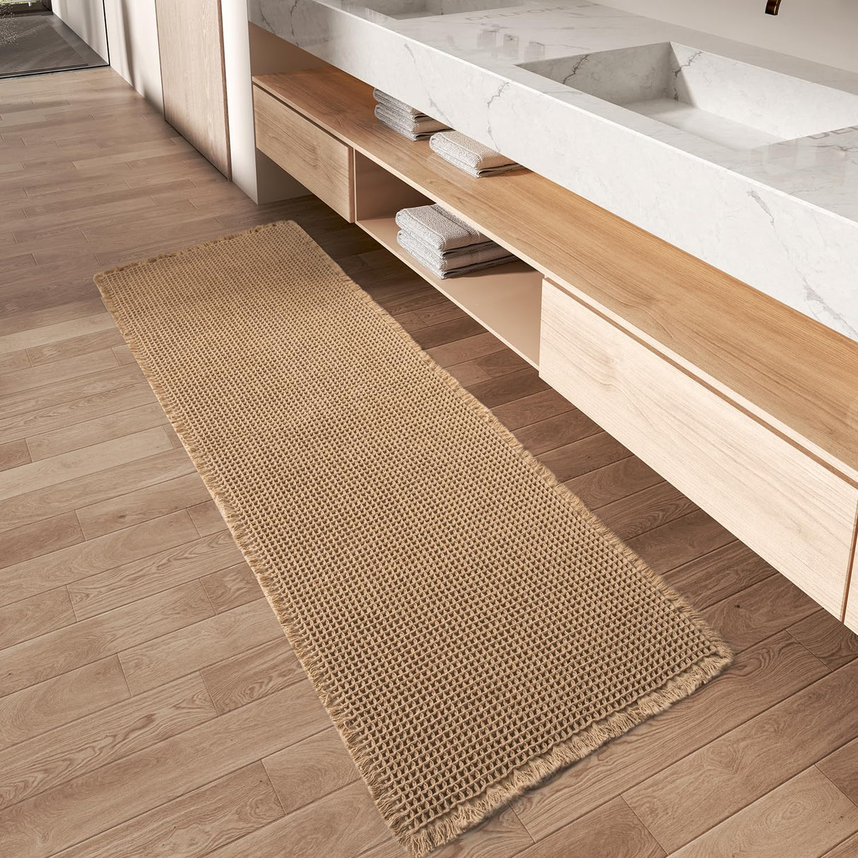 Upgraded Waffle Runner Rug, Super Absorbent Non Slip Bath Mats for Bathroom Floor, Machine Washable Bathroom Runner Rug with Tassels, Ideal for Hallway Bedroom Laundry Room, Brown, 2'x 6'(24" x 72") AMOAMI