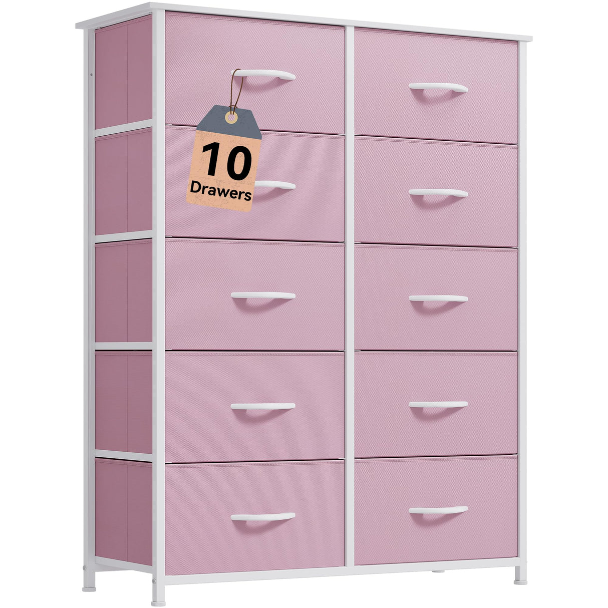 DWVO 10 Drawer Dresser - Fabric Storage Tower, Tall Chest Organizer Unit, Living Room, Hallway, Closets - Sturdy Steel Frame, Wooden Top & Easy Pull Fabric Bins, Pink DWVO