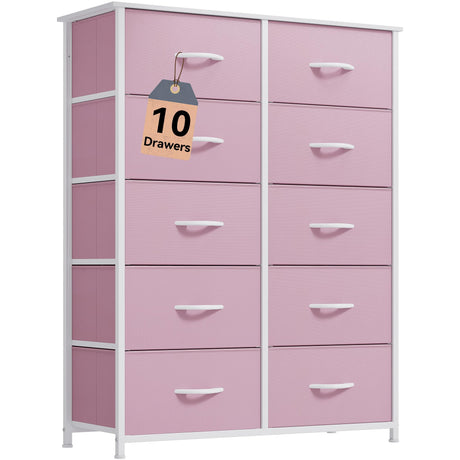 DWVO 10 Drawer Dresser - Fabric Storage Tower, Tall Chest Organizer Unit, Living Room, Hallway, Closets - Sturdy Steel Frame, Wooden Top & Easy Pull Fabric Bins, Pink DWVO