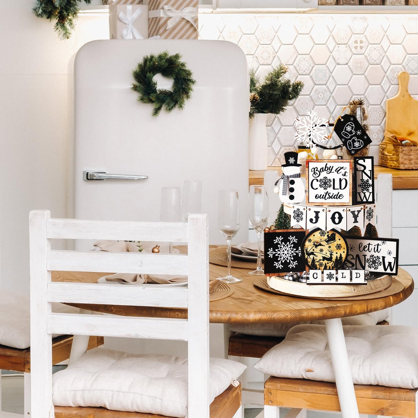 14 Pcs Winter Tiered Tray Decor Set Snowman Snowflake Table Decor Christmas Tree Wooden sign Farmhouse Coffee Spice Blocks Winter Table decoration for Christmas Home Table Shelf - WoodArtSupply