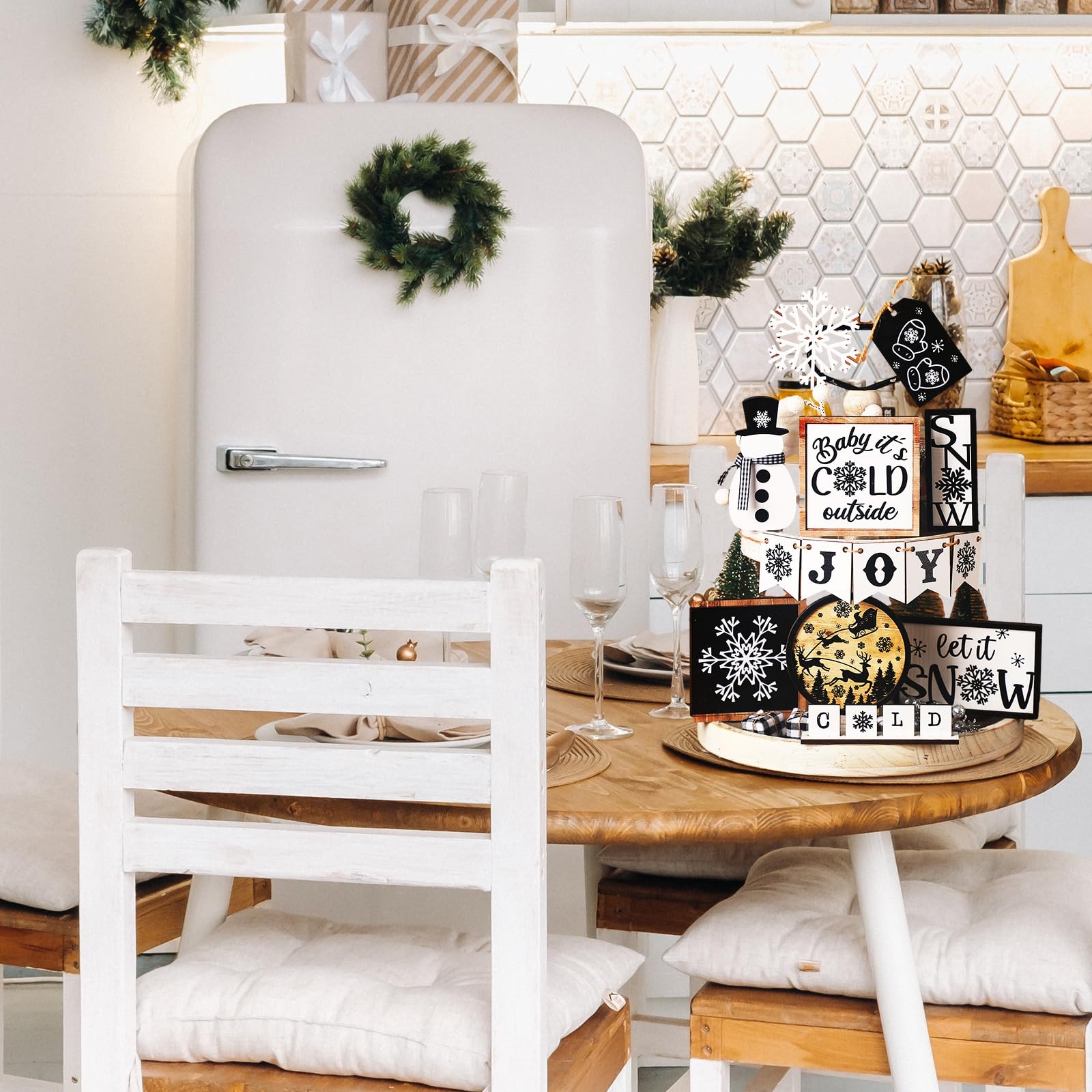 14 Pcs Winter Tiered Tray Decor Set Snowman Snowflake Table Decor Christmas Tree Wooden sign Farmhouse Coffee Spice Blocks Winter Table decoration for Christmas Home Table Shelf - WoodArtSupply