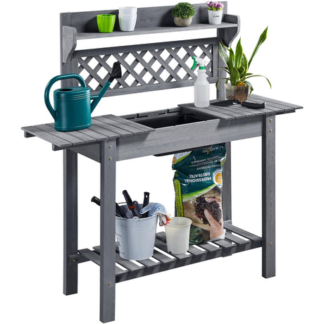 Topeakmart Potting Table Wood Workstation Table w/Sliding Tabletop w/Removable Dry Sink Storage Shelves Outdoor Garden Work Benches Station Planter Bench for Backyard Patio Gray Topeakmart