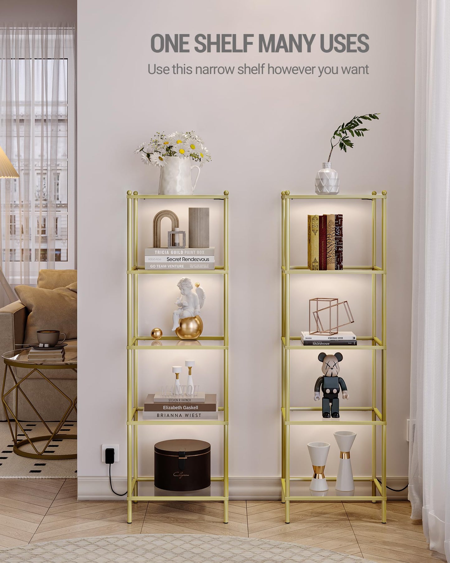 Hzuaneri Gold Tempered Glass Bookcase with LED Lighting – 5 Tier Slim Shelving Unit - WoodArtSupply