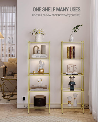 Hzuaneri Gold Tempered Glass Bookcase with LED Lighting – 5 Tier Slim Shelving Unit - WoodArtSupply