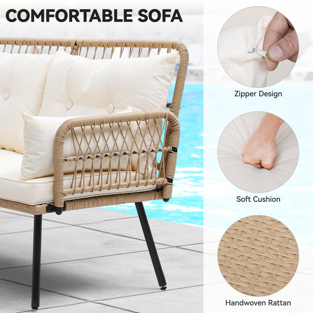 YITAHOME L-Shaped Patio Furniture Outdoor Loveseat Sectional Set for Backyard, Porch with Thick Cushions Detachable Lounger, Side Table (Light Brown+Beige) YITAHOME