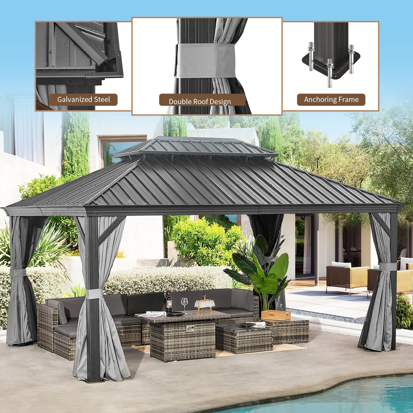 oneinmil 12x16FT Outdoor Gazebo, Heavy Duty Metal Double Roof Hardtop Gazebo with Aluminum Frame and Netting and Curtains for Patios - WoodArtSupply