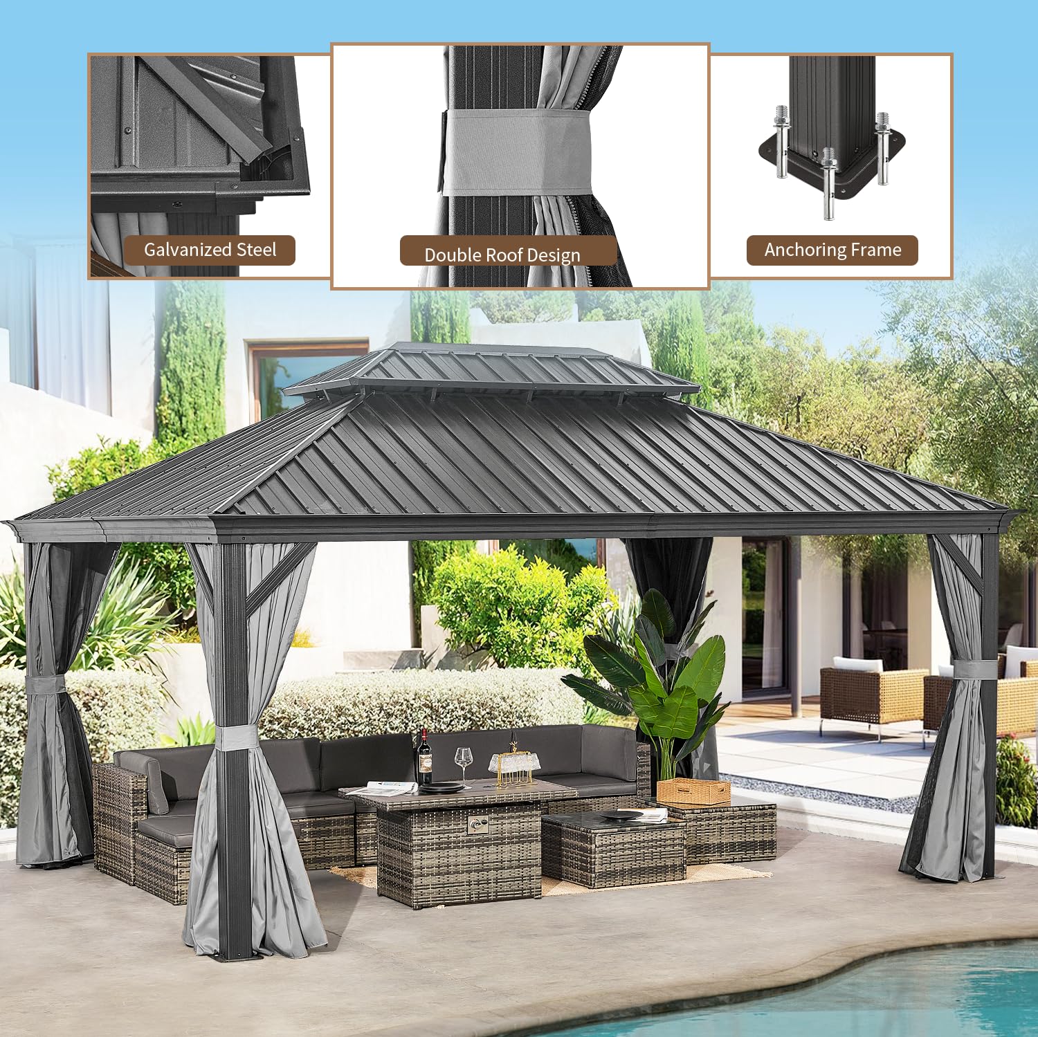 oneinmil 12x16FT Outdoor Gazebo, Heavy Duty Metal Double Roof Hardtop Gazebo with Aluminum Frame and Netting and Curtains for Patios - WoodArtSupply