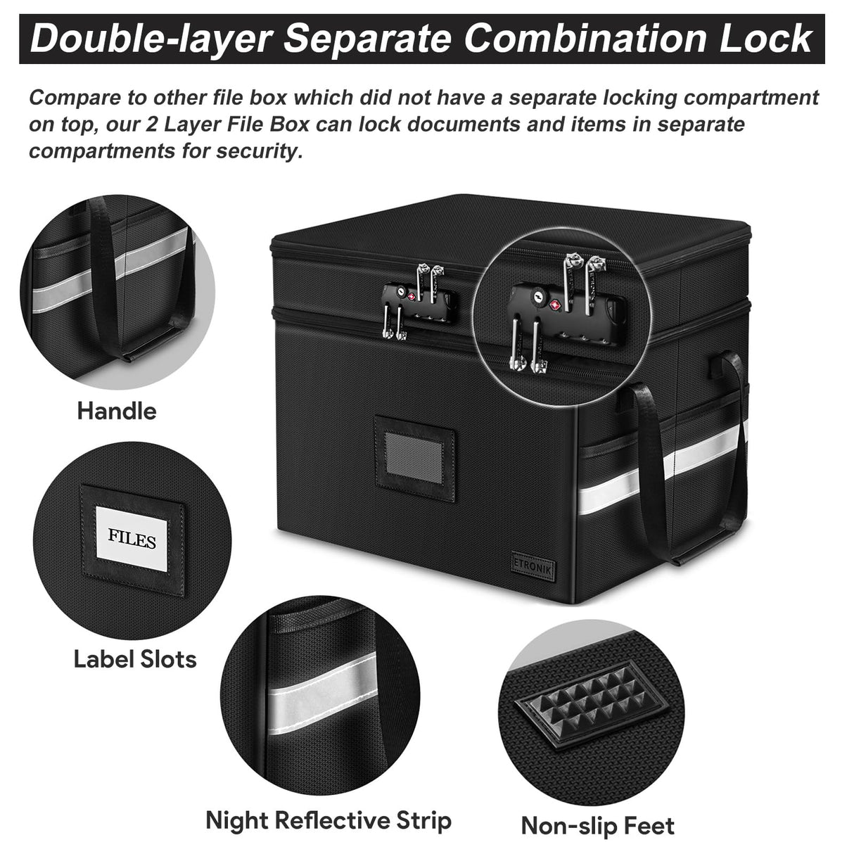 Fireproof Document Box with Lock, ETRONIK 2 Layer File Organizer with 5 Tab Inserts, Portable Office Collapsible File Storage with Reflective Strip for Hanging Letter, Legal Size Folder, Certificate ETRONIK