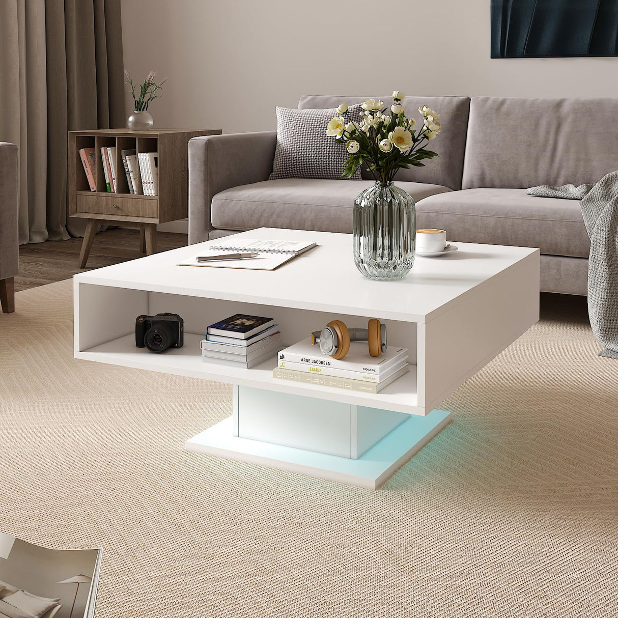 HedoAjim White 30.7" Lift Top Coffee Table with Storage, Square Led Coffee Table with Large Hidden Storage, Wood Living Room Table Led Center Table for Dining Reception Room HedoAjim