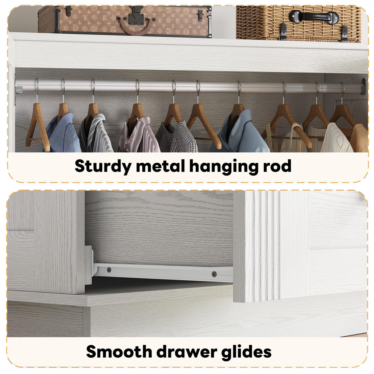 LIKIMIO Farmhouse Wardrobe Closet with Doors, 70" Bedroom Armoires with LED Lights and Hanging Rod, Wooden Large Wardrobe Cabinet with 2 Drawers and 1 Cabinet, Classic White LIKIMIO