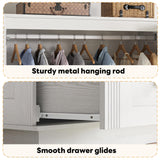 LIKIMIO Farmhouse Wardrobe Closet with Doors, 70" Bedroom Armoires with LED Lights and Hanging Rod, Wooden Large Wardrobe Cabinet with 2 Drawers and 1 Cabinet, Classic White LIKIMIO