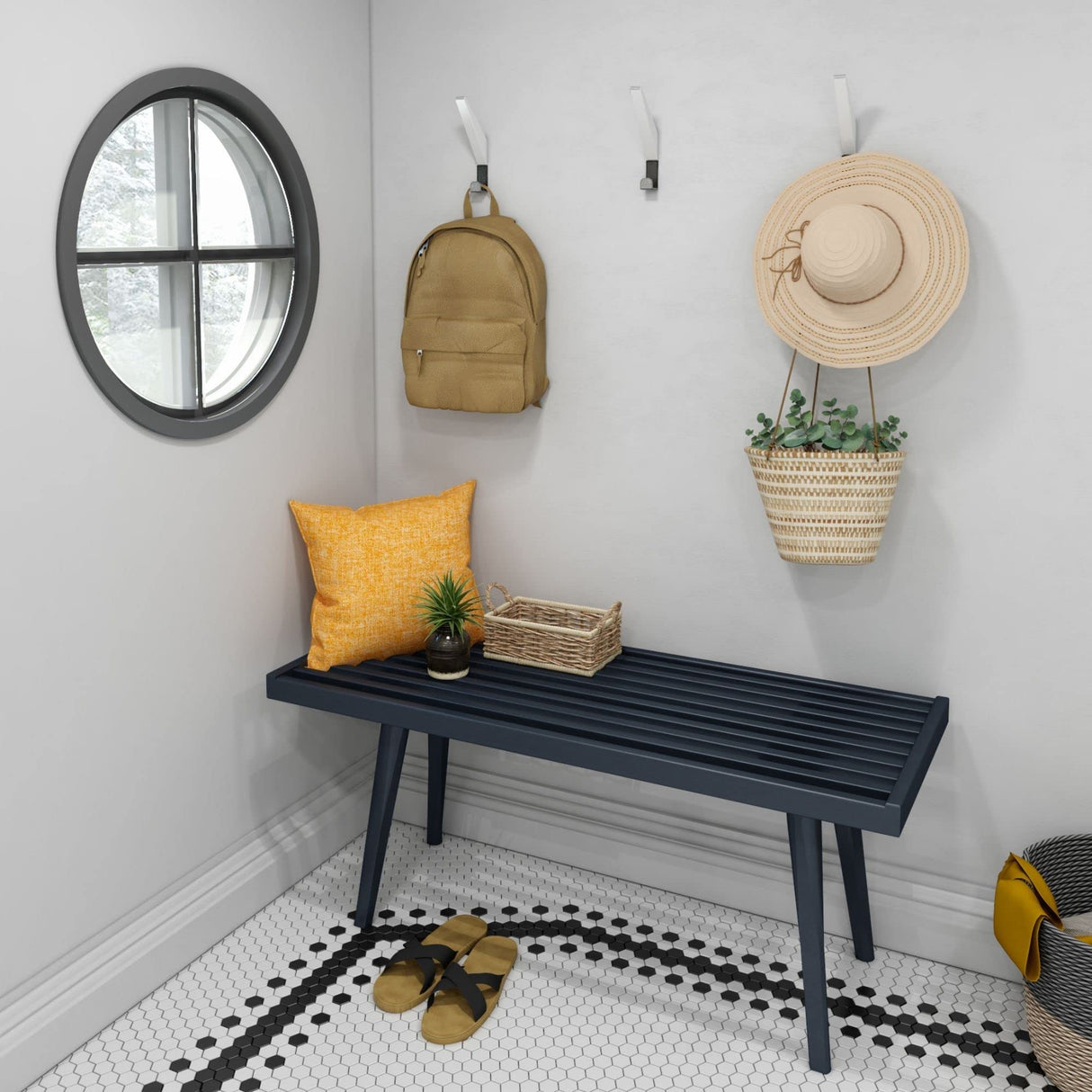 Plank+Beam Entryway Bench, Wooden End of Bed Bench for Bedroom, Mid-Century Modern Square Bench for Hallway, Living Room, Indoor, Porch, 41.25", Black Plank+Beam