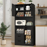 Frmobepts Kitchen Pantry Storage Cabinet with LED Lights and Power Strip, Tall Farmhouse Kitchen Pantry with Barn Doors and Drawers, Adjustable Shelves for Dining Living Room (Black) Frmobepts