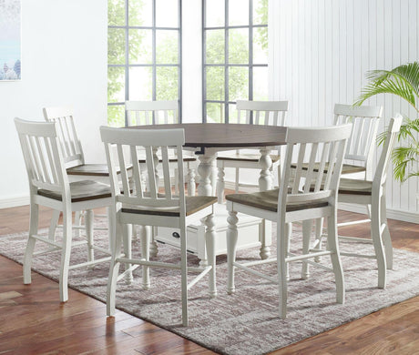 Steve Silver Furniture Joanna 9pc Round Counter Dining Set, Built-In Lazy, Drop Leaf Top, Susan, Farmhouse Design, 42" Round Table Top w/ 8 Counter Chairs, Dining Room, 42"L x 42"W x 36.25"H, White Steve Silver