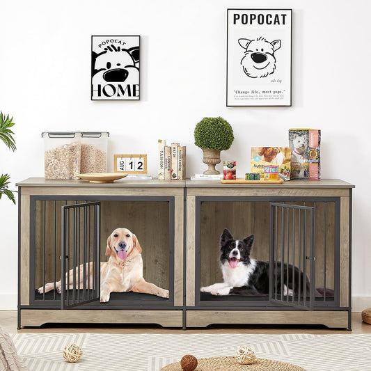 Rovibek 75'' Double Dog Crate Furniture for 2 Large Dogs, Heavy Duty Dog Crate, Furniture Style Dog Crate End Table, Wood Crates for Dogs Kennel Indoor, Decorative Dog Crate with Double Door, Grey