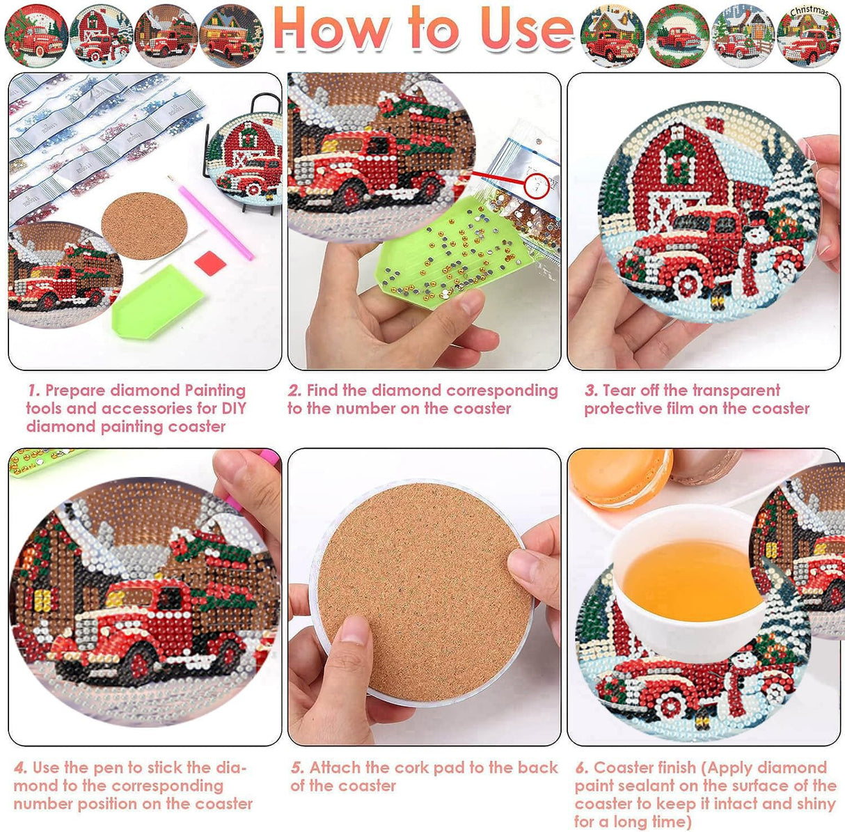 ijbnhd 8 PCS Christmas Diamond Art Coasters Kit, Christmas Truck Diamond Painting Coasters with Holder, Arts and Crafts Supplies Astral 4X4inch (Cork Wooden Pad) ijbnhd