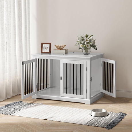 PUPETPO Furniture Style Dog Crate with Cushion, Dog Kennel Medium, Dog Crates, Dog Cage for Small and Medium Dogs, Decorative Dog Kennel with Flip-top Plate, Chew-Proof Metal Bars, White PUPETPO