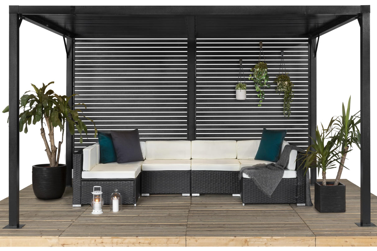 Sojag Meeru 9 ft. x 12 ft. Outdoor Aluminum Pergola with Rustproof Powder-Coated Frame, Welded Anchoring Plates, and Louvered Wall Design for Stylish Backyard Shade and Shelter Sojag