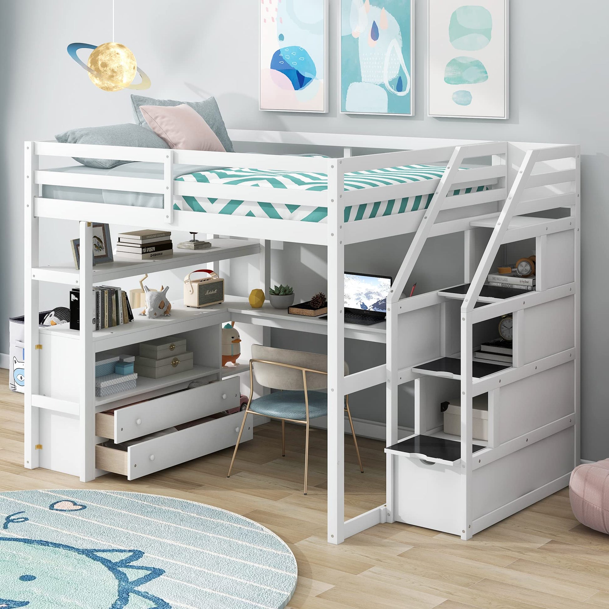 Harper & Bright Designs White Full Loft Bed with Staircase, Desk, and Storage Drawers for Kids and Teens - WoodArtSupply