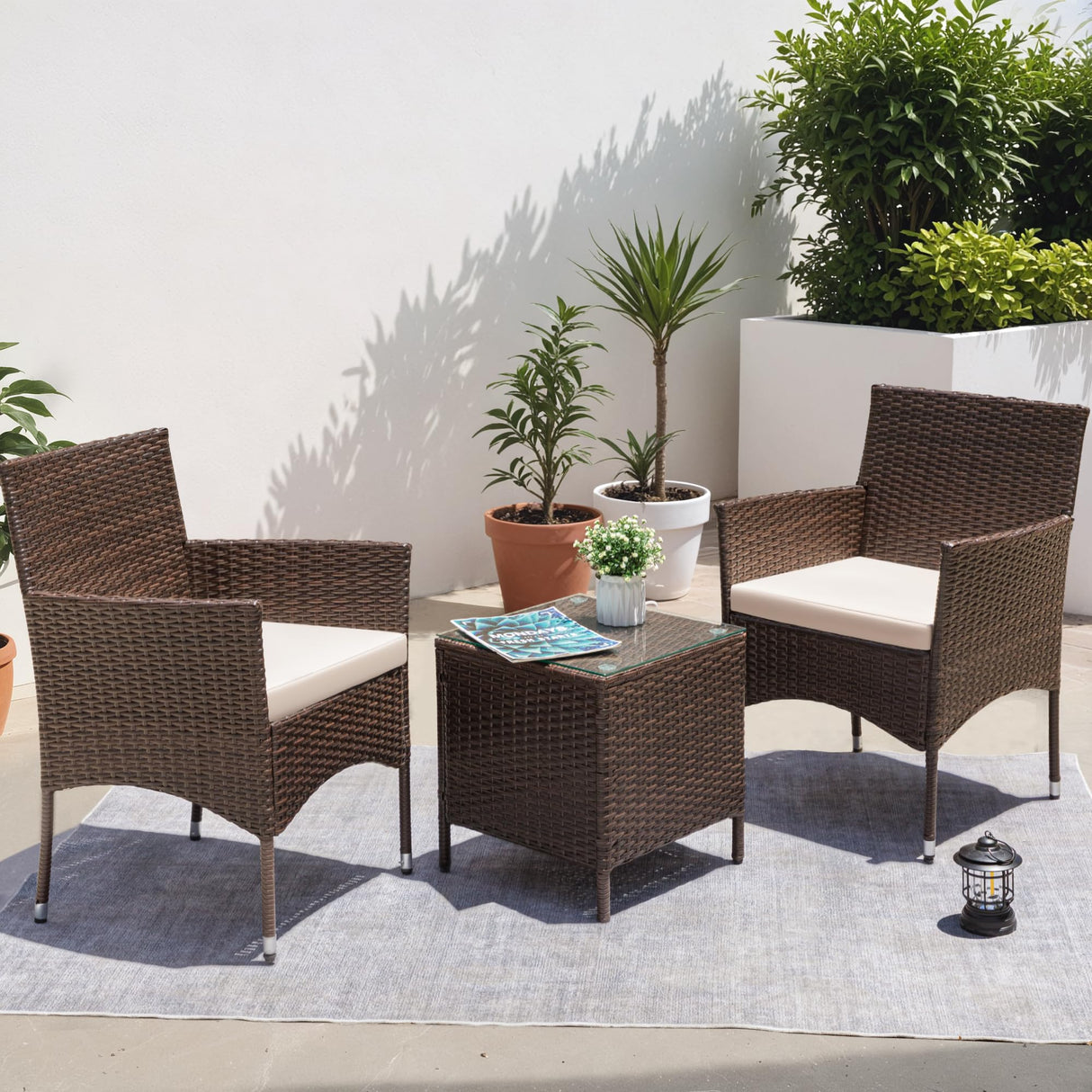 Greesum 3 Pieces Patio Dining PE Rattan Wicker Chair Furniture Set with Cushion and Glass Coffee Table for Outdoor Garden Backyard Poolside, Brown and Beige Greesum