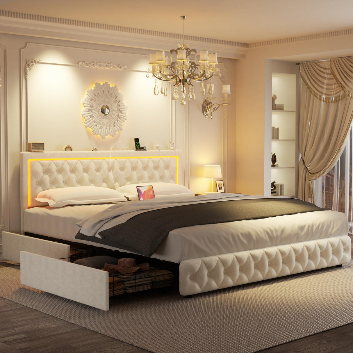 VOHOBY Queen Bed Frame with 4 Storage Drawers, Velvet Upholstered Bed Frame Queen Size with Charging Station and LED Lights, 46" Adjustable Button Tufted Headboard, No Box Spring Needed, Beige VOHOBY