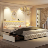 VOHOBY Queen Bed Frame with 4 Storage Drawers, Velvet Upholstered Bed Frame Queen Size with Charging Station and LED Lights, 46" Adjustable Button Tufted Headboard, No Box Spring Needed, Beige VOHOBY