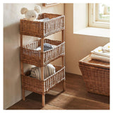 DJHK docor 3 Tier Wicker Basket Stand Storage Tower with Display Rack Standing Shelf Cabinet for Living Room, Bedroom, Kitchen, Bathroom DJHK docor