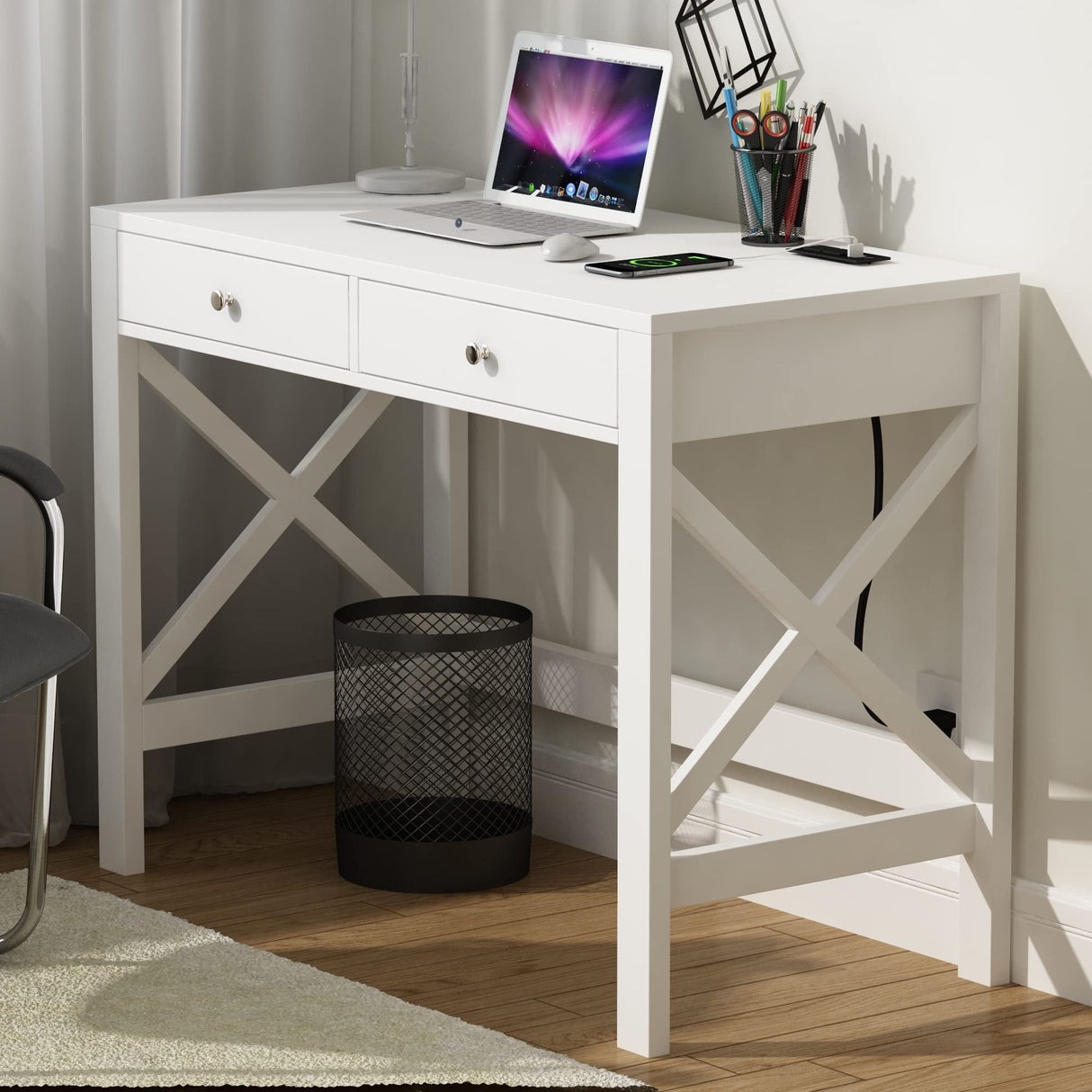 ChooChoo Computer Desk with USB Charging Ports and Power Outlets, 39" White Desk with Drawers, Small Study Writing Table with Stable X Frame for Home Office ChooChoo