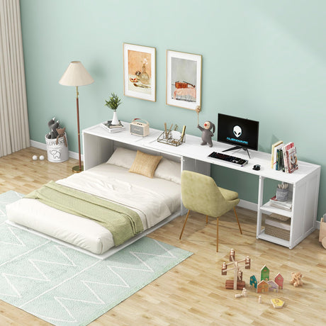 FAVSH Queen Size Murphy Bed with Rotable Desk,Solid Pine Wood & MDF Wall Bed, Space-Saving Hidden Bed,Easy Assembly Fold-The-Way Bed,No Box Spring Needed,White FAVSH