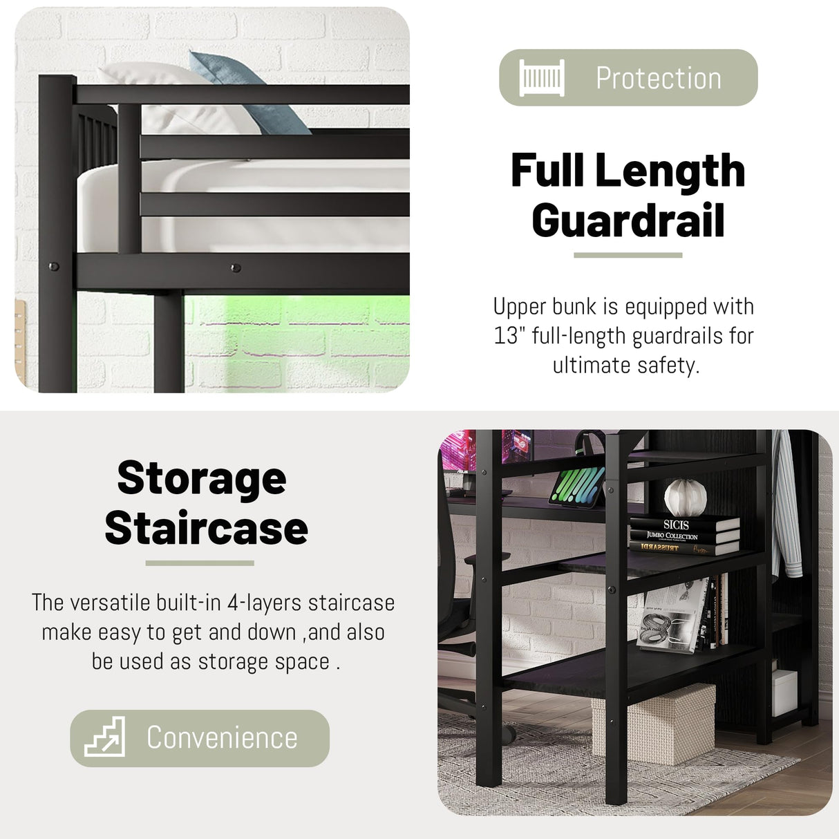 Full Size Loft Bed with Desk and Stairs,Metal Loft Bed Full with Wardrobe and Shelf, High Loft Bed with LED Light and USB for Kids, Teens, Junior, Adults,Black MoproBeti