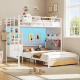 DICTAC Twin Over Full Bunk Bed with 4 Storage Drawers and 3-Tier Open Bookshelf Metal Bunk Bed with LED Lights,Charging Station and Organizer Pegboard,bunk Beds with Safety Guardrail and Ladder,White DICTAC