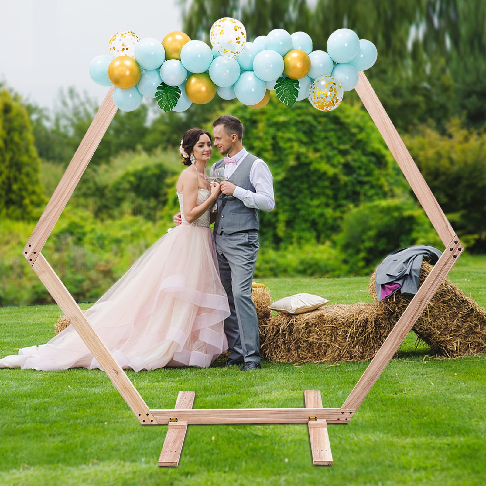 Wooden Wedding Arch for Ceremony, 2.33 * 2.25m/7.6 * 7.4ft Hexagon Backdrop Arch Stand for Wedding Ceremony Gorgeous Wedding Arbor Rustic Arch Decorations for Garden Wedding, Partie - WoodArtSupply