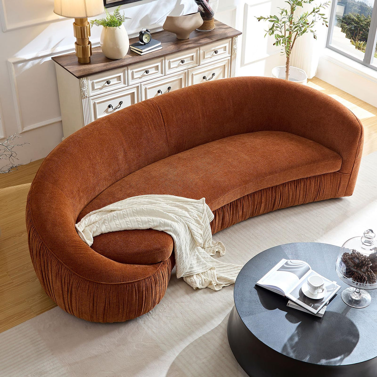 92'' Modern Elegant Curved Sofa, 4 Seater Irregular Curved Sofa Arms Chenille Fabric Deep Seat, Tight Curve Back Velvet Cloud Sofas for Living Room Apartment Office (Orange) mr.waiba