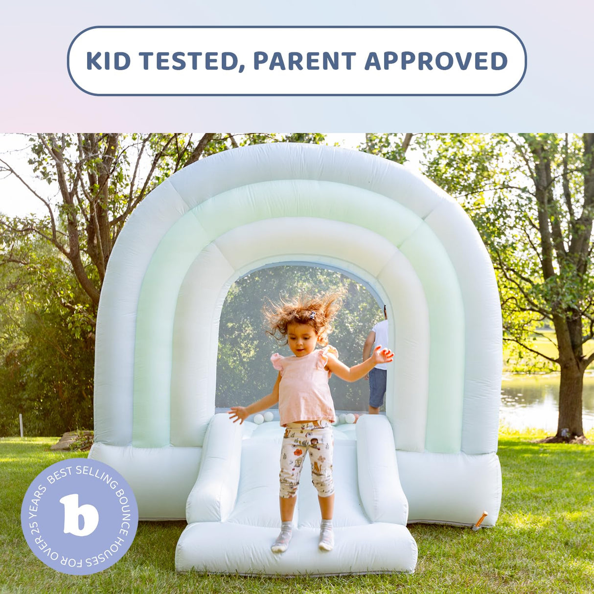 Bounceland Daydreamer Mist Bounce House, Pastel Bouncer with Slide, 8.9 ft L x 7.2 ft W x 6.7 ft H, UL Blower Included, Basketball Hoop, 30 Pastel Plastic Balls, Trendy Bouncer for Kids Bounceland