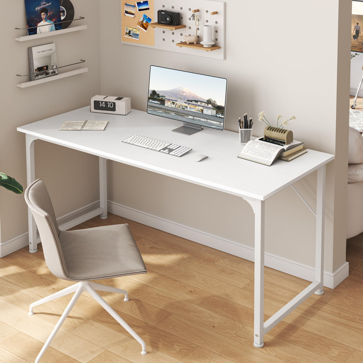 Huuger Computer Desk, 55 Inch Office Desk, Gaming Desk with Storage, Writing Desk Work Desk for Home Office, Study, Modern Simple Desk, Large Legroom, Metal Frame, White Huuger