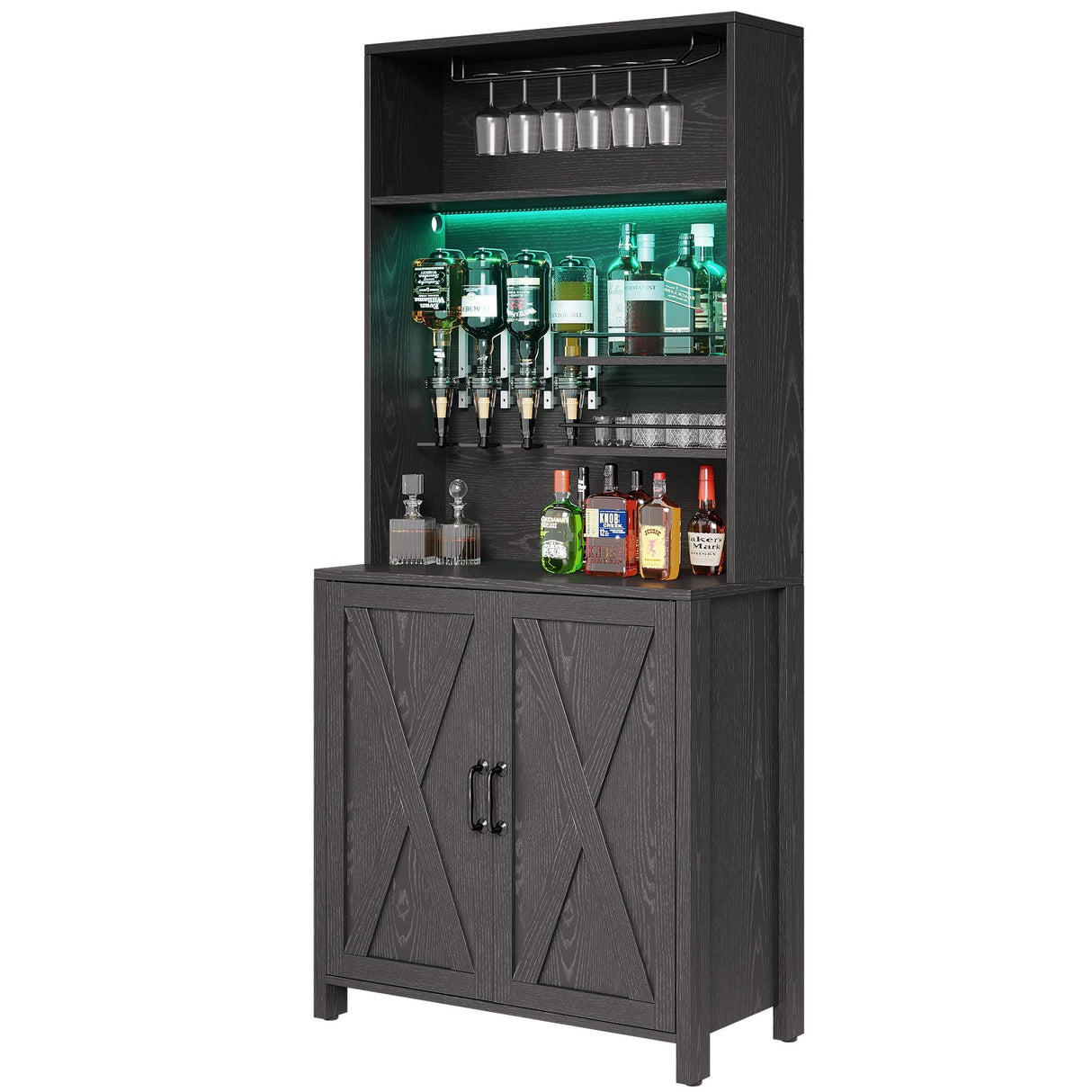 DWVO Farmhouse Bar Cabinet w/LED Lights, 71" Tall Wine Bar Cabinet for Liquor & Glasses, 4-Bottle Liquor Dispenser & Wine Rack, Kitchen Cabinet w/Storage, Black DWVO