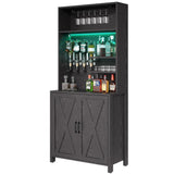 DWVO Farmhouse Bar Cabinet w/LED Lights, 71" Tall Wine Bar Cabinet for Liquor & Glasses, 4-Bottle Liquor Dispenser & Wine Rack, Kitchen Cabinet w/Storage, Black DWVO