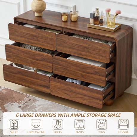 AVZEAR Modern 6 Drawer Dresser for Bedroom, 48" Wide Wooden Dresser Chest of Drawers, Handle Free & Curved Profile Design, Mid Century Closet Clothes Storage Organizer for Living Room, Walnut AVZEAR