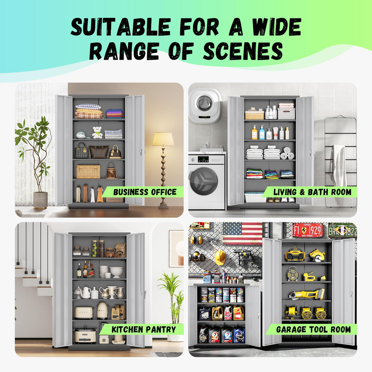 INTERGREAT Metal Storage Cabinet, 72" Tall Locking Storage Cabinet with 2 Doors and 4 Adjustable Shelves, Steel Tool Locking Cabinet for Home Office, Warehouse, School (Black Grey) INTERGREAT