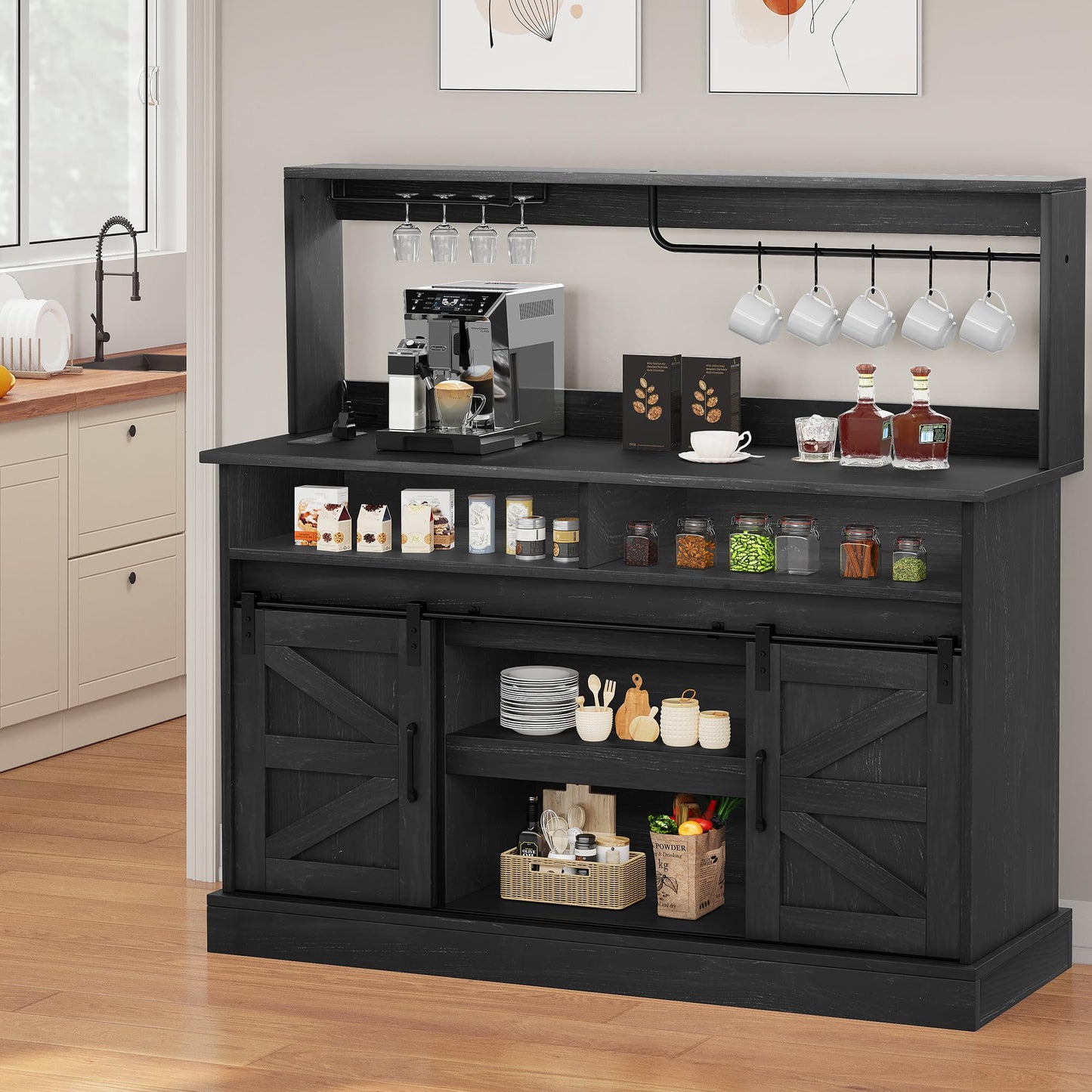 YITAHOME 52" Farmhouse Buffet Cabinet with Storage, Sliding Barn Door, Sideboard Cabinet with Goblet Holder, 5 Hooks and Power Outlets, Coffee Bar Cabinet for Kitchen, Living Room (Black Oak)