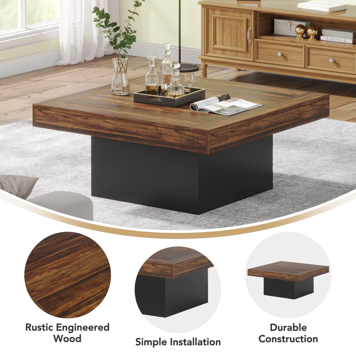 Tribesigns Coffee Table Square LED Coffee Table Engineered Wood Low Center Cocktail Tables for Living Room (Rustic Brown+Black) Tribesigns