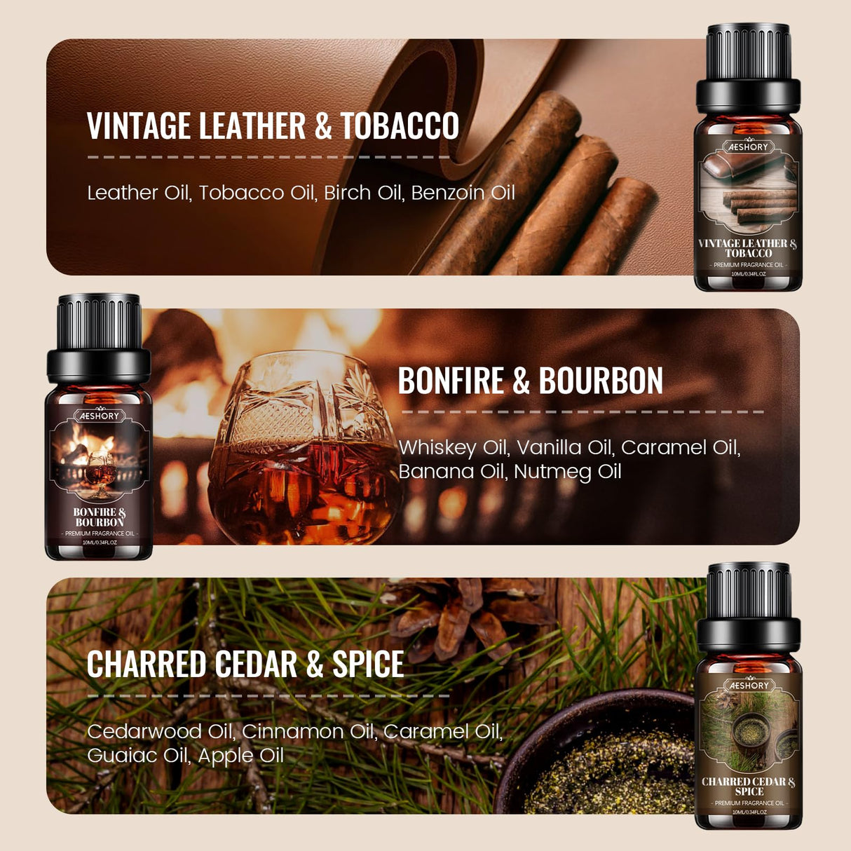 Men Essential Oils Set, Fragrance Oil for Diffuser, Leather, Tobacco, Cedar, Bourbon Whisky, Bergamot, Candle Scents for Candle Making, Soap Making Supplies, Man Aromatherapy Diffuser Oils Kit(6x10ML) Aeshory