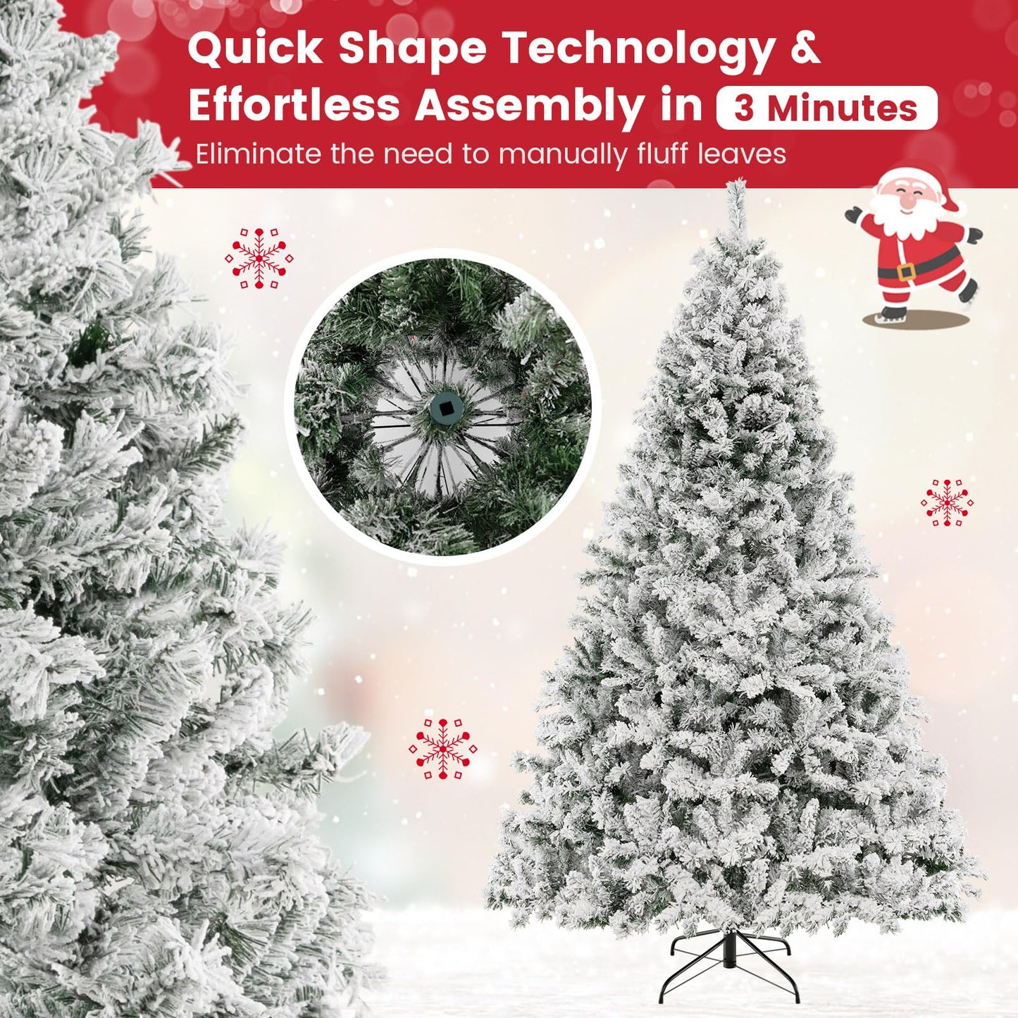 Goplus 3-Minute-Setup Pre-Lit Snow Flocked Christmas Tree, 8ft Artificial Hinged Xmas Tree with 600 Warm-White LED Lights, 1370 Branch Tips, Upgraded Metal Stand, for Office Home Holiday Decor