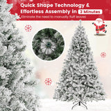 Goplus 3-Minute-Setup Pre-Lit Snow Flocked Christmas Tree, 8ft Artificial Hinged Xmas Tree with 600 Warm-White LED Lights, 1370 Branch Tips, Upgraded Metal Stand, for Office Home Holiday Decor Goplus