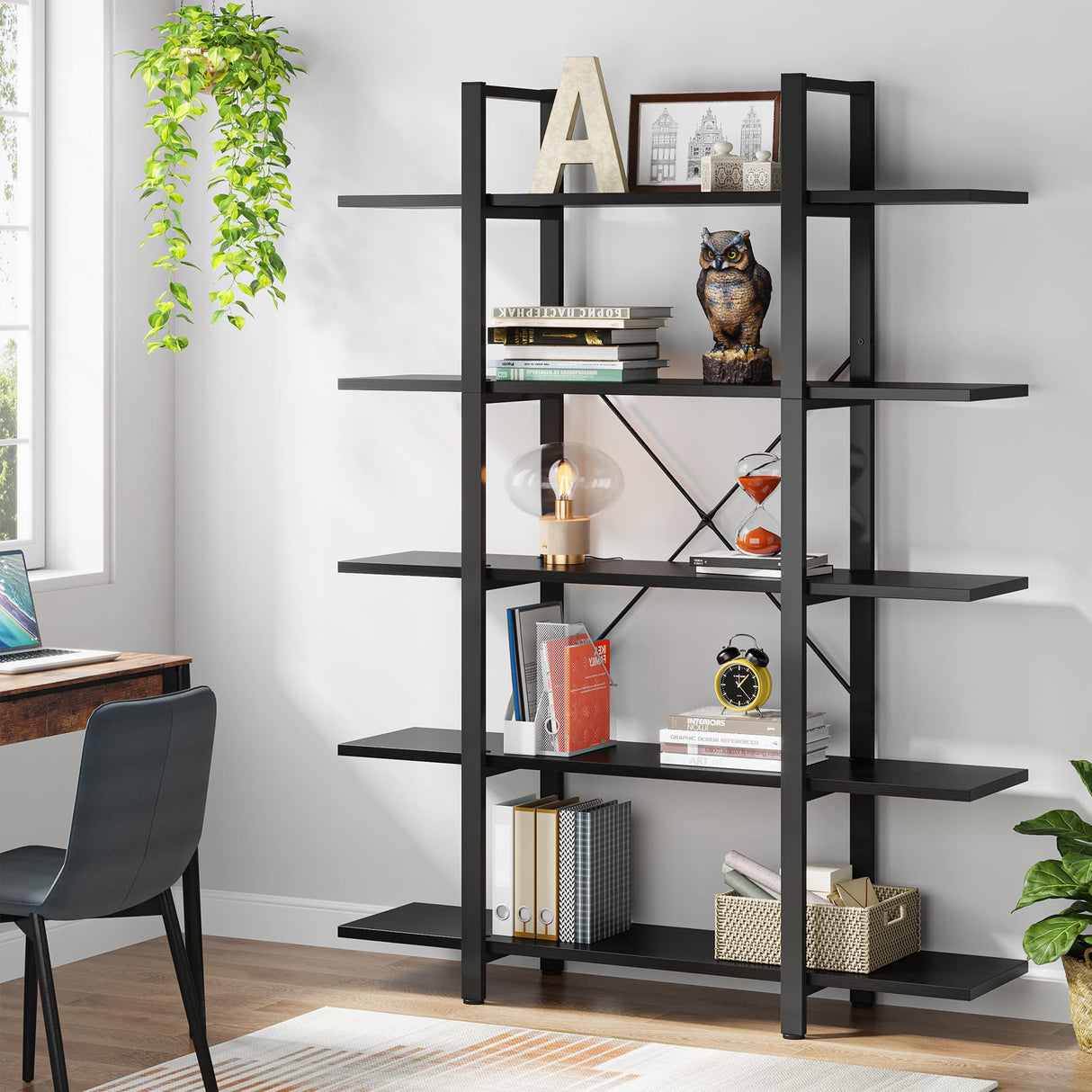 Tribesigns 5-Tier Bookshelf, Vintage Industrial Style Bookcase 72 H x 12 W x 47L Inches, Black Tribesigns