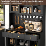 72" Tall Wine Bar Cabinet with Storage Hutch & Pegboard, Coffee Bar Cabinet with LED Lights, Modern Liquor Cabinets with 9-grid Wine & Glass Racks, Pantry Cabinet for Kitchen, Living Room (Black) Auromie