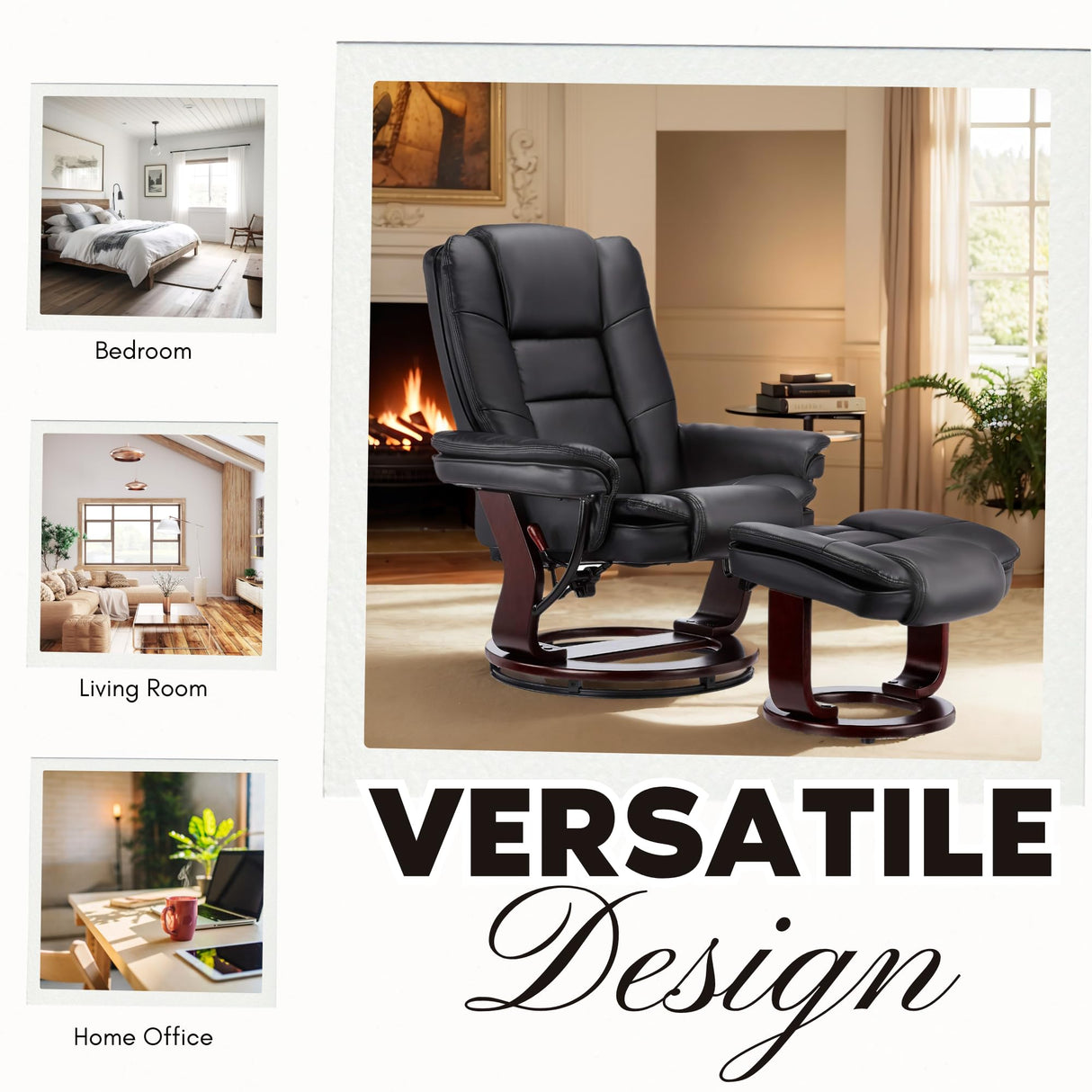 JC Home Argus Swivel Recliner with Ottoman, PU Leather & Wood Base Reclining Chair with Footrest, Ultra-Plush Double Foam for Living Room, Bedroom and Office JC Home